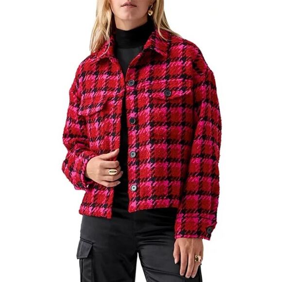 NWT Sanctuary Jacket Small Tweed Red Pink Shacket Button Down Preppy - Picture 3 of 8